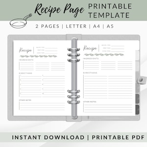 Printable Recipe Page Template, Recipe Page Binder, Recipe Card Printable, Blank Recipe Page, Greenery Theme