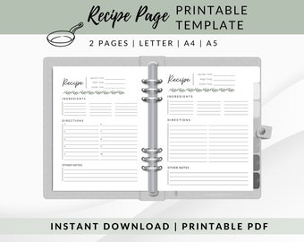 Printable Recipe Page Template, Recipe Page Binder, Recipe Card Printable, Blank Recipe Page, Greenery Theme