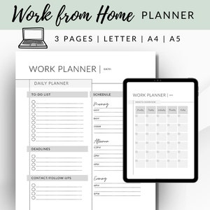 May include: A printable work from home planner with three pages, including a daily planner, a schedule, and a monthly overview. The planner includes sections for to-do lists, deadlines, contact/follow-ups, and a schedule broken down by morning, afternoon, and evening.