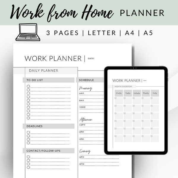 Work from Home Planner, Work Day Organizer, Work Daily Planner and List, CANVA Work Template, A5 Planner Insert, Work at home planner,