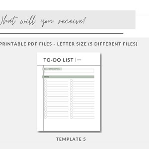 May include: Printable to-do list template in PDF format. The template has a section for daily affirmations and a list of tasks with checkboxes. The template is labeled "TO-DO LIST" and "TEMPLATE 5".