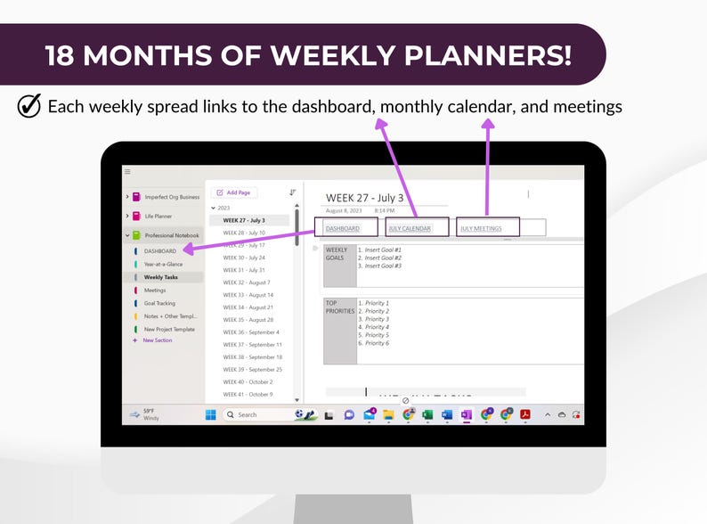 May include: A computer screen displays a weekly planner interface. The screen shows a calendar for the week of July 3rd, with options for dashboard, monthly calendar, and meetings. Text at the top reads "18 MONTHS OF WEEKLY PLANNERS!"