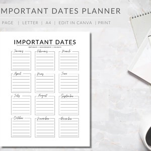 Important Dates Planner  |  EDITABLE Important Dates Template  |  PRINTABLE important dates tracker | Letter  | A4