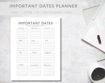 Important Dates Planner  |  EDITABLE Important Dates Template  |  PRINTABLE important dates tracker | Letter  | A4