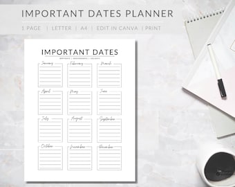 Important Dates Planner: Editable Printable Template (A4, Letter)