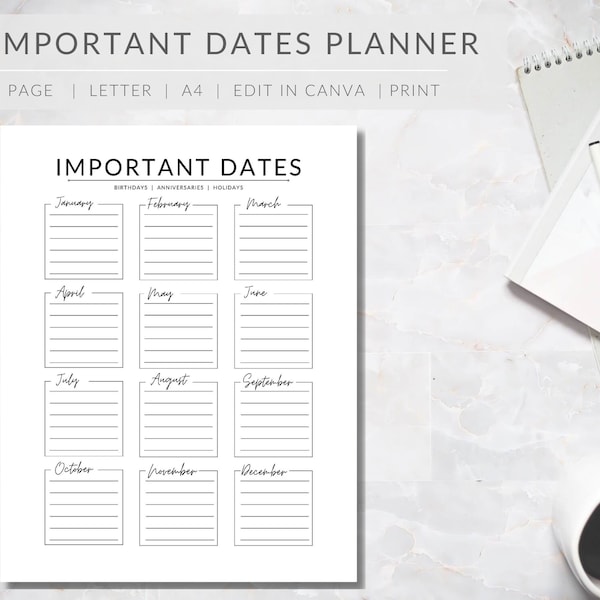 Important Dates Planner  |  EDITABLE Important Dates Template  |  PRINTABLE important dates tracker | Letter  | A4