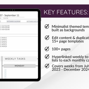 Key features list includes minimalist themed templates built as backgrounds, edit content and duplicate 15+ page templates,100+ pages, hyperlinked weekly to do lists foreach month, covers weeks from July 2023 - December 2024