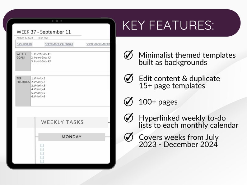 Key features list includes minimalist themed templates built as backgrounds, edit content and duplicate 15+ page templates,100+ pages, hyperlinked weekly to do lists foreach month, covers weeks from July 2023 - December 2024