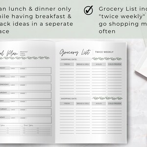 Pu&ograve; includere: Un modello stampabile di pianificatore dei pasti e lista della spesa con un design semplice. Il modello include sezioni per date, colazione, pranzo, cena, prodotti freschi, pane e salumi, corsie e prodotti refrigerati/congelati. Il testo "Twice Weekly" &egrave; incluso nella lista della spesa.