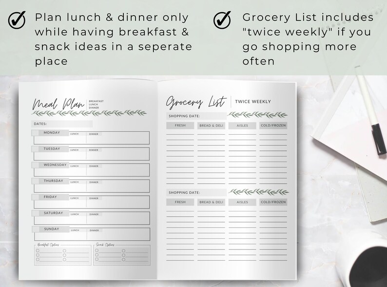 Pu&ograve; includere: Un modello stampabile di pianificatore dei pasti e lista della spesa con un design semplice. Il modello include sezioni per date, colazione, pranzo, cena, prodotti freschi, pane e salumi, corsie e prodotti refrigerati/congelati. Il testo "Twice Weekly" &egrave; incluso nella lista della spesa.