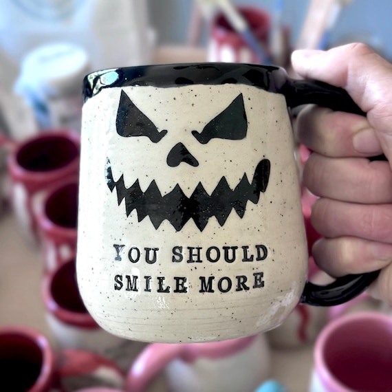 Smile Mug, MADE TO ORDER, Spooky Mug, You should smile more, pumpkin mug, Goth Mug, Gift for Friend Mug, Hand-Thrown Handmade Pottery