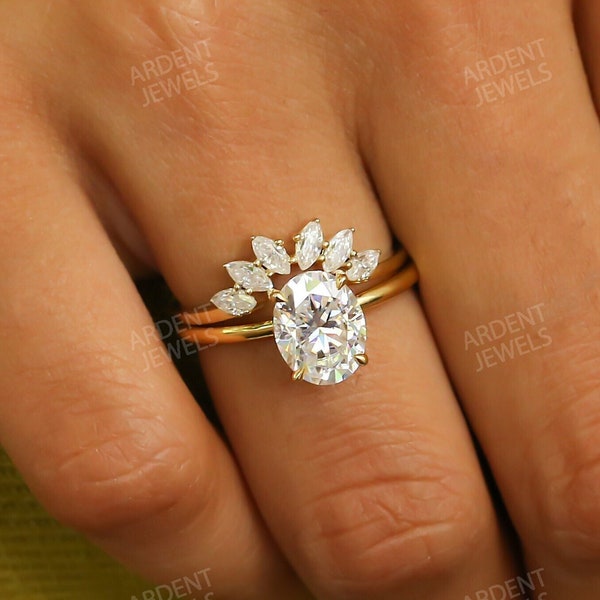 Moissanite Engagement Ring Set, 14k Gold Oval Moissanite Ring, Curved Cluster Wedding Band Set for Women, Bridal Matching Ring Gift For Her