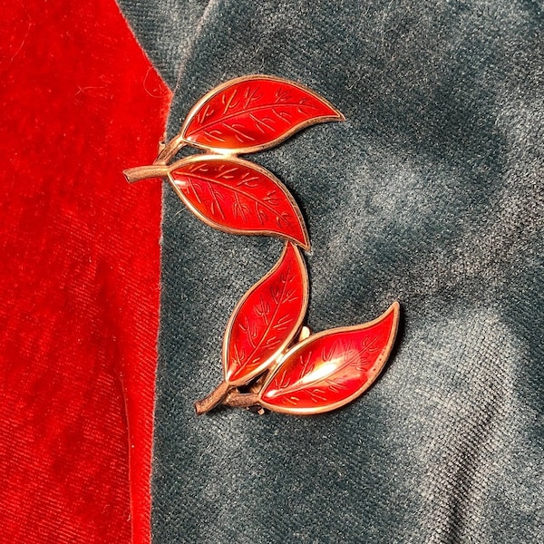 1950's David Andersen Willy Winnaes Sterling Silver Red Leaf Guilloche Enamel Earrings