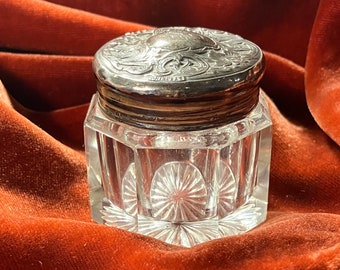Charming Cut Glass Victorian Era Vanity Jar, Sterling Repousse Lid