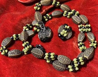 1960's 24" Beaded Necklace and Earrings in Black & Olive Green