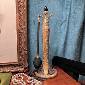 1923 Devilbiss Perfume Atomizer, Acid Etched and Gold Enamel with Acorn Finial, 9.75 inches tall