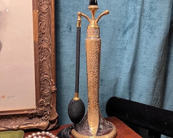 1923 Devilbiss Perfume Atomizer, Acid Etched and Gold Enamel with Acorn Finial, 9.75 inches tall