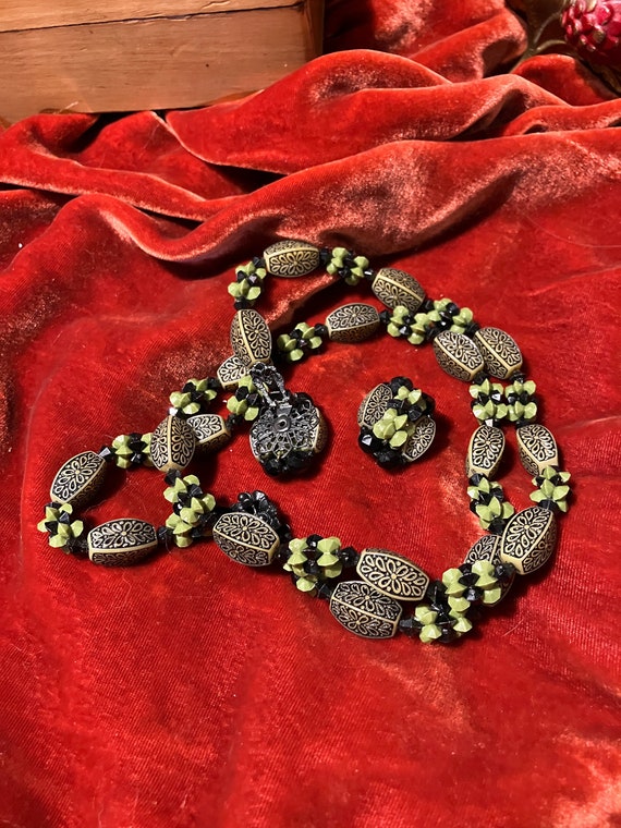 1960's 24" Beaded Necklace and Earrings in Black … - image 1