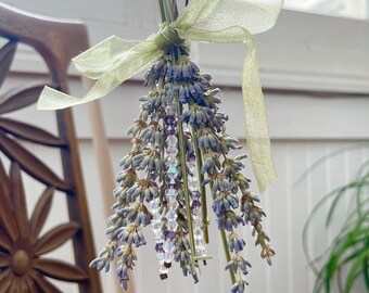 Dried Flower, Lavender Broom Hanging Car Charm, Crystal Beaded Charm, Real Plant