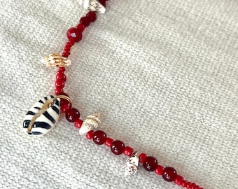 Ruby Red and Shell Waist Beads 29-32in