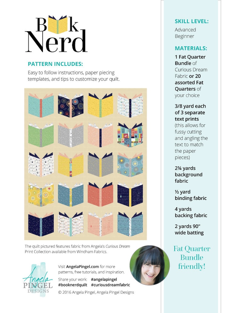 Pu&ograve; includere: Modello di quilt Book Nerd con un design di quilt colorato a tema libro. Il modello include istruzioni, modelli di patchwork di carta e suggerimenti per personalizzare il quilt. Il quilt &egrave; realizzato con tessuto della collezione Curious Dream Print di Angela.