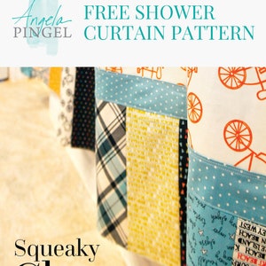 May include: A free shower curtain pattern with a whimsical design featuring a patchwork of colorful fabrics with a bicycle theme. The finished size is 72 inches by 72 inches. The pattern is titled "Squeaky Clean Shower Curtain".