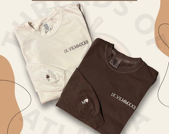 Custom Embroidered Roman Numeral Long Sleeve Tee | Custom Date Long sleeve Tee | Custom Matching Couple | Engagement Long Sleeve Tee