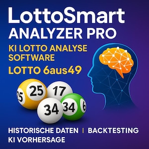 Peut inclure: Image promotionnelle pour le logiciel LottoSmart ANALYZER PRO. L'image présente des boules de loterie avec les numéros 25, 17, 34 et 6, sur un fond bleu dégradé. Le texte comprend "KI LOTTO ANALYSE SOFTWARE" et "LOTTO 6aus49". Un graphique de cerveau est également présent.