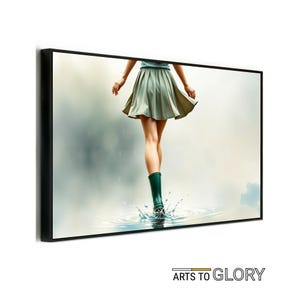 May include: A woman in a green skirt and green rain boots walks through a puddle of water. The background is a blurry, light blue sky.