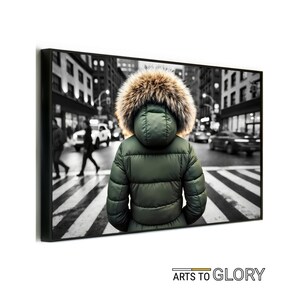 May include: A person wearing a green puffer jacket with a fur-lined hood walks down a city street. The person is facing away from the camera. The street is in black and white, except for the person in the jacket.