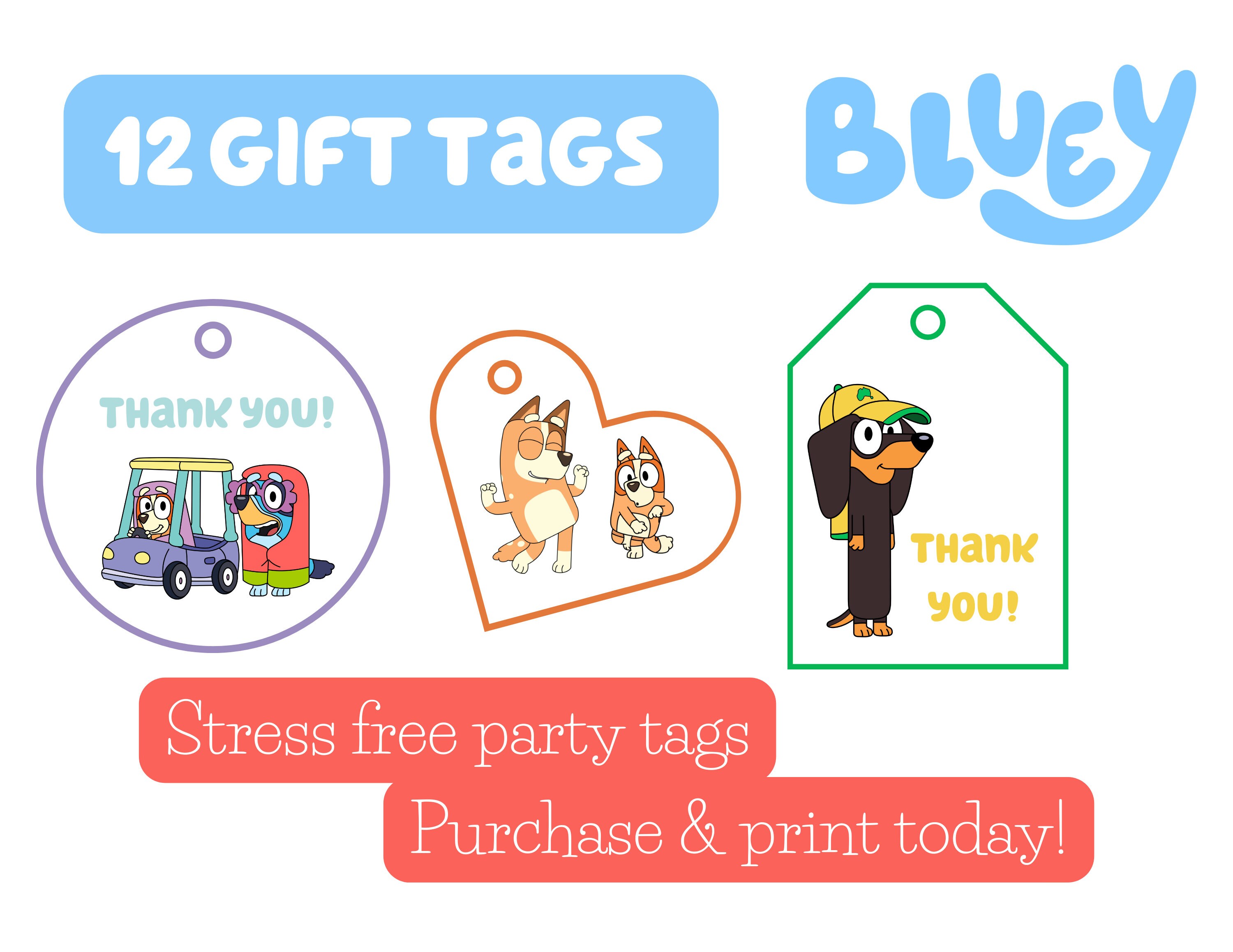 Bluey Party Favor Tags Shaped Bluey Gift Tags Thank You Etsy Denmark