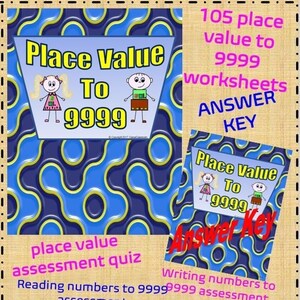 May include: A colourful digital printable worksheet set for teaching place value to 9999. The worksheets include 105 place value worksheets with answer keys. The worksheets are designed to support scaffolded instruction and are easy to use. The worksheets are perfect for teaching place value to students in years 1-3.