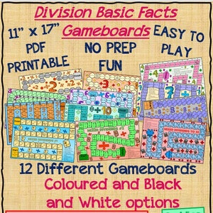 May include: A printable PDF featuring 12 division gameboards, each 11" x 17", with colored and black and white options. The gameboards are designed for easy play and no prep. Includes suggestions for use, such as fast-finisher and center activities.