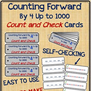 Puede incluir: Un conjunto de 25 tarjetas de conteo autocomprobantes para aprender a contar de 4 en 4 hasta 1000. Las tarjetas son grises con texto azul y rojo. El texto en las tarjetas dice "Counting Forward By 4's Up to 1000 Count and Check". Las tarjetas son fáciles de usar y hacer. Se pueden reutilizar una y otra vez.