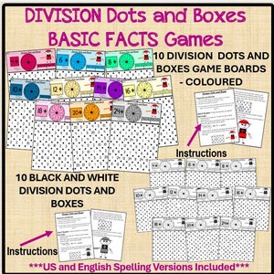 May include: A set of 10 colorful and 10 black and white division dots and boxes game boards. The boards feature a circular design with numbers and dots. The game boards are designed for basic math facts practice. The image also includes instructions for the game.