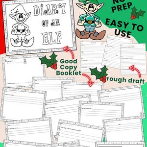 May include: A printable Christmas writing project for kids. The cover features a black and white illustration of an elf with the title "Diary of an Elf". The project includes a good copy booklet and a rough draft booklet.