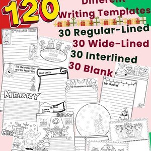 May include: A digital download of 120 printable Christmas-themed writing templates for students. The templates include 30 regular-lined, 30 wide-lined, 30 interlined, and 30 blank pages. The templates feature various Christmas-themed illustrations, such as elves, Santa Claus, reindeer, and snowmen.