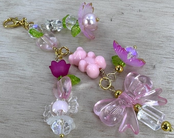 Pink Floral Fairy Purse Charm – Handmade Beaded Bag Charm, Kawaii Cottagecore Keychain Accessory