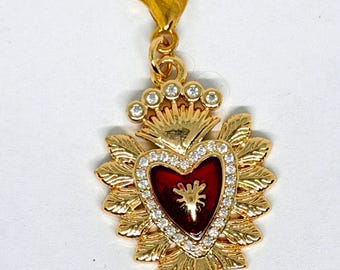 Red and Gold Heart Shield with Cubic Zirconia Charm