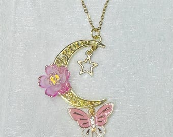 Pink Butterfly Crescent Moon Necklace-Gold Celestial Floral Charm