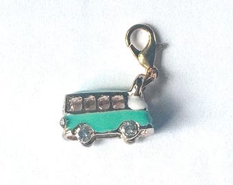 Vintage Enamel Bus Charm: Green, White, Rhinestone Travel Pendant