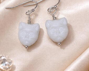 White Czech Glass Cat Earrings