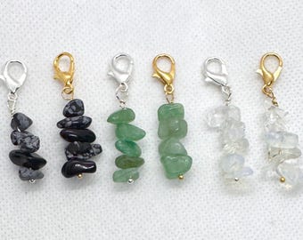 Handmade Gemstone Chip Clip on Charms- Snowflake Obsidian-Opalite- Green Aventurine- Purse Charm
