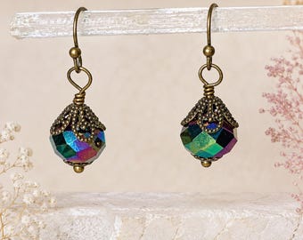 ONE of a Kind- Black Aurora Borealis Cube Crystal Drop Earrings