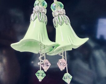 Pistachio Green Fairy Bell Blooms – Green Flower Earrings, Pink Crystal Dangles, Whimsical Floral Earrings, Fairy Garden Jewelry
