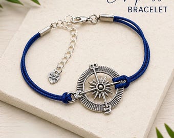 Compass Bracelet, Adjustable Wax Cord Bracelet, Nautical Travel Jewelry, Minimalist Charm Bracelet, Layering Bracelet, Gift for Him or Her