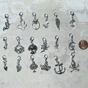 Clip On Charms - Zipper Pull - Bag charm -Shoe Charm - Bracelet Charm Silver Tone