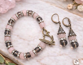 Rose Quartz & Smoky Quartz Bracelet with Antique Bronze Toggle Clasp or Earrings