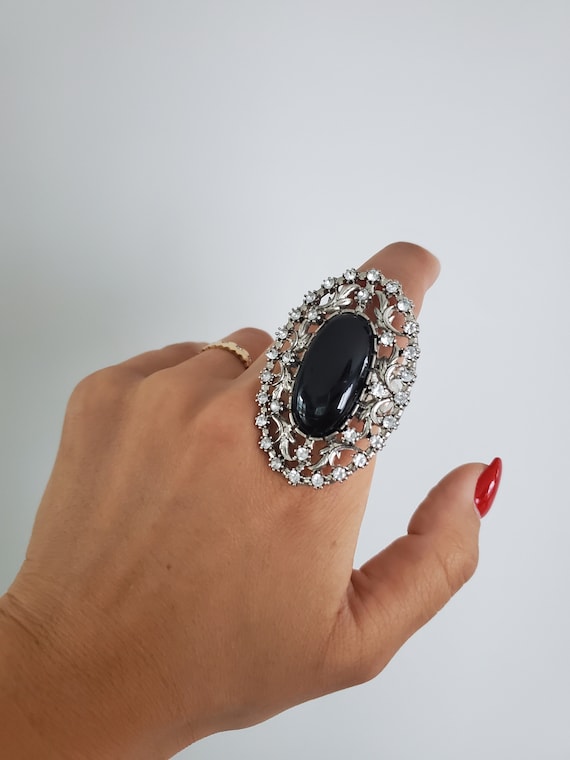 Large Antique style Filigree Ring with Black Oval 