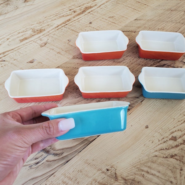 Set of 6 Vintage miniature, red and blue ombre ceramic loaf pans by Swiss Pro & Natural Elements Cookware, bakeware